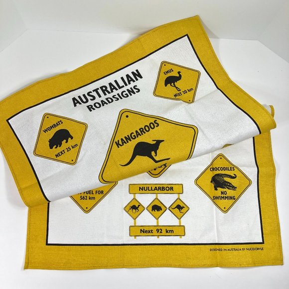 Nucolorvue AUSTRALIAN ROADSIGNS Kitchen Tea Towel Cotton Yellow/White NWOT - Picture 2 of 6